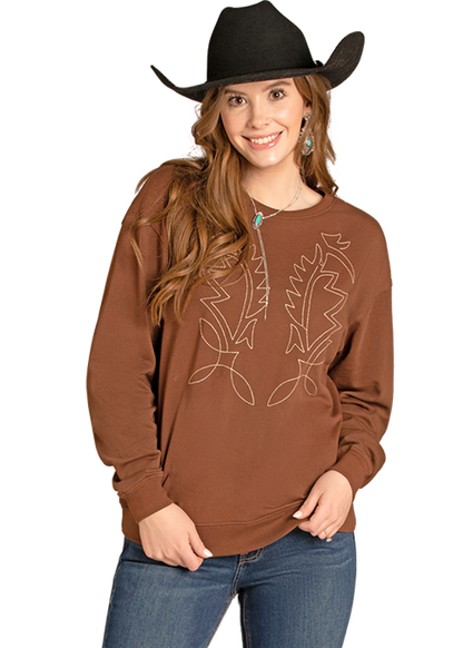 Rock & Roll Embroidered Sweatshirt Brown