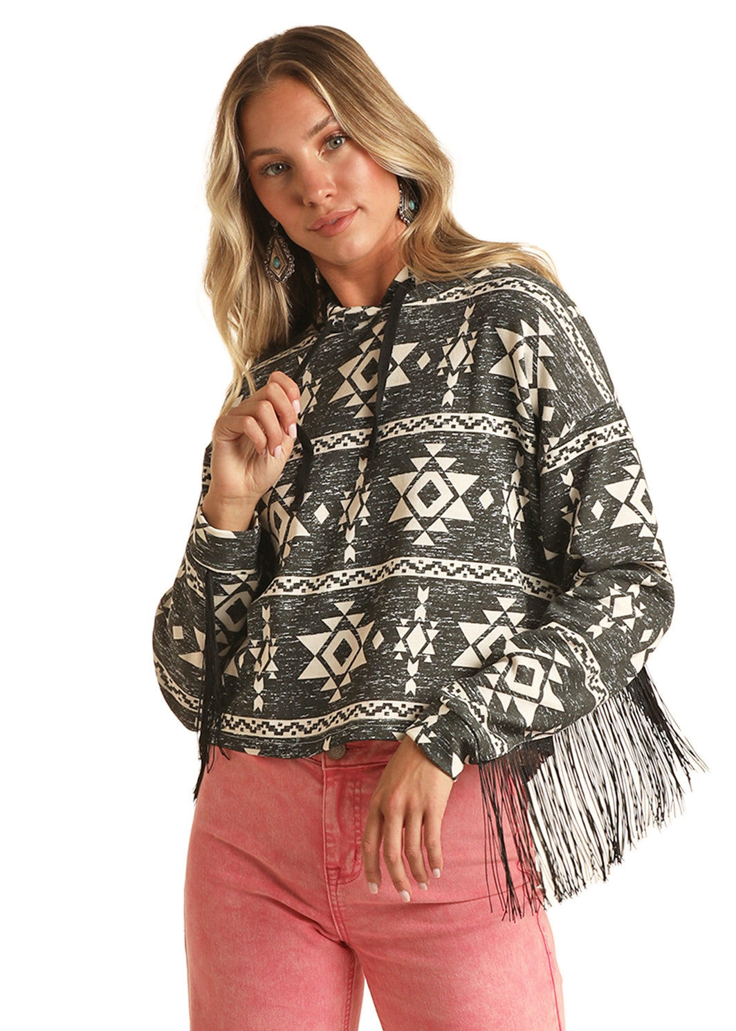 Rock & Roll Fringe Aztec Crop Hoodie Black