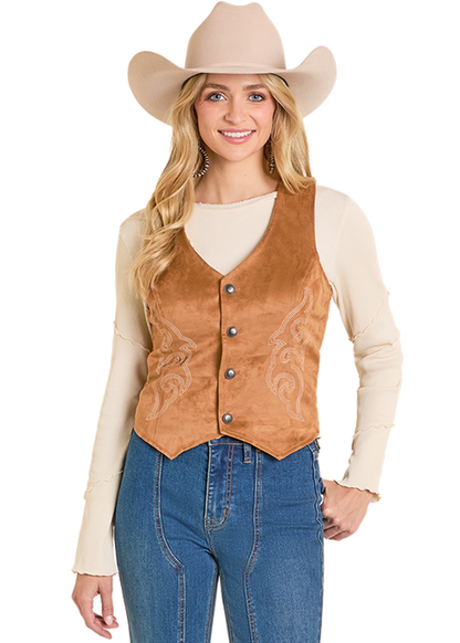 Rock & Roll Embroidered Microsuede Vest Camel
