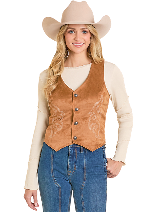 Rock & Roll Embroidered Microsuede Vest Camel