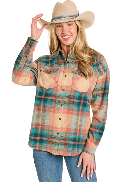 Rock & Roll Oversize Flannel Shirt Teal Multi