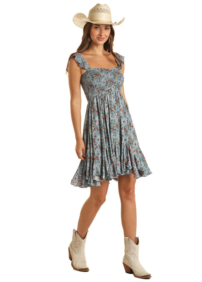 Rock & Roll Mini Floral Print Dress Blue