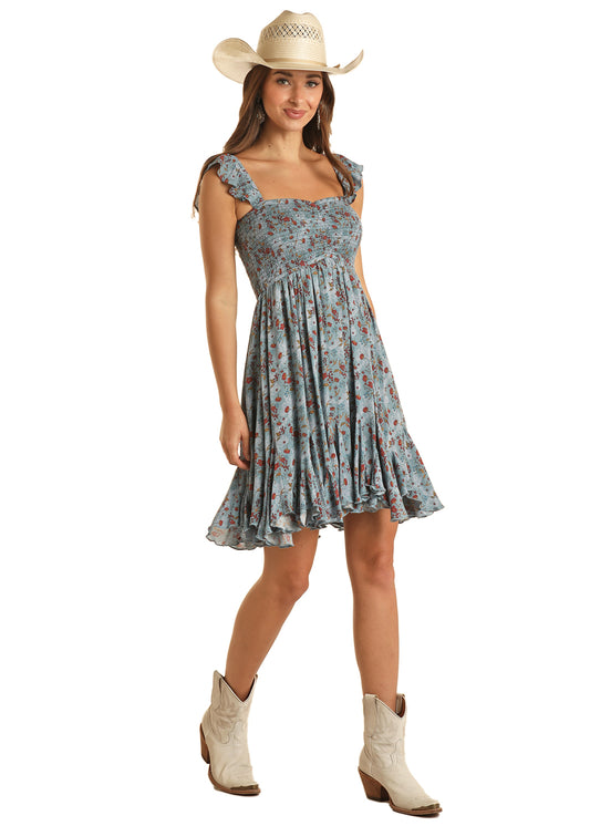 Rock & Roll Mini Floral Print Dress Blue