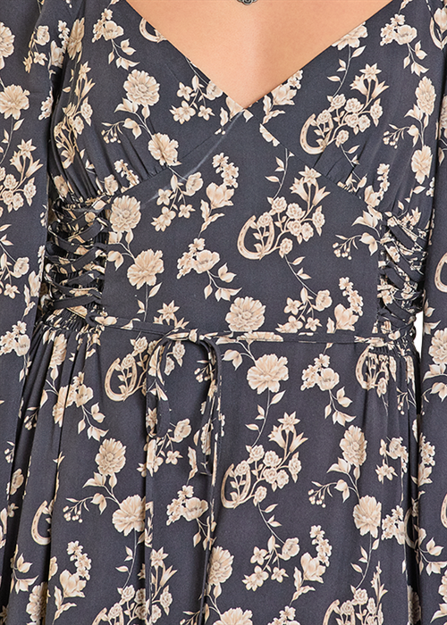 Rock & Roll Floral Print Midi Dress Black