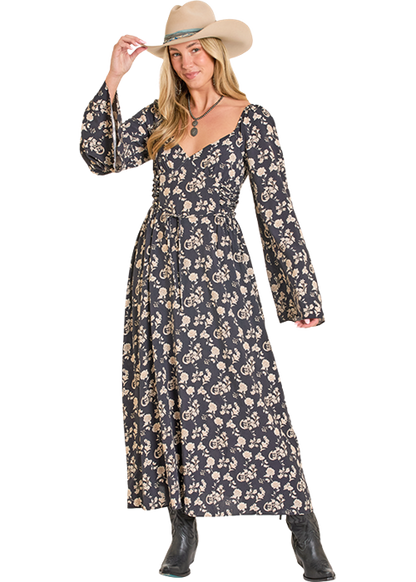 Rock & Roll Floral Print Midi Dress Black