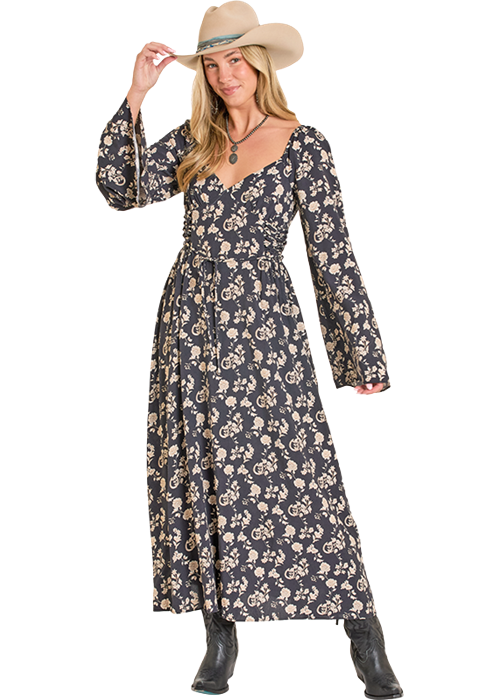 Rock & Roll Floral Print Midi Dress Black