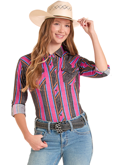 Rock & Roll Ladies Tek Ripstop Striped Print Snap Shirt Black/Purple