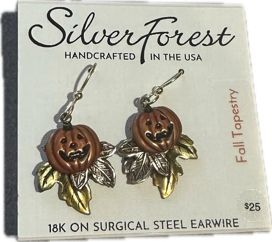Silver Forest Jack-o-Lantern on Leaf Earring