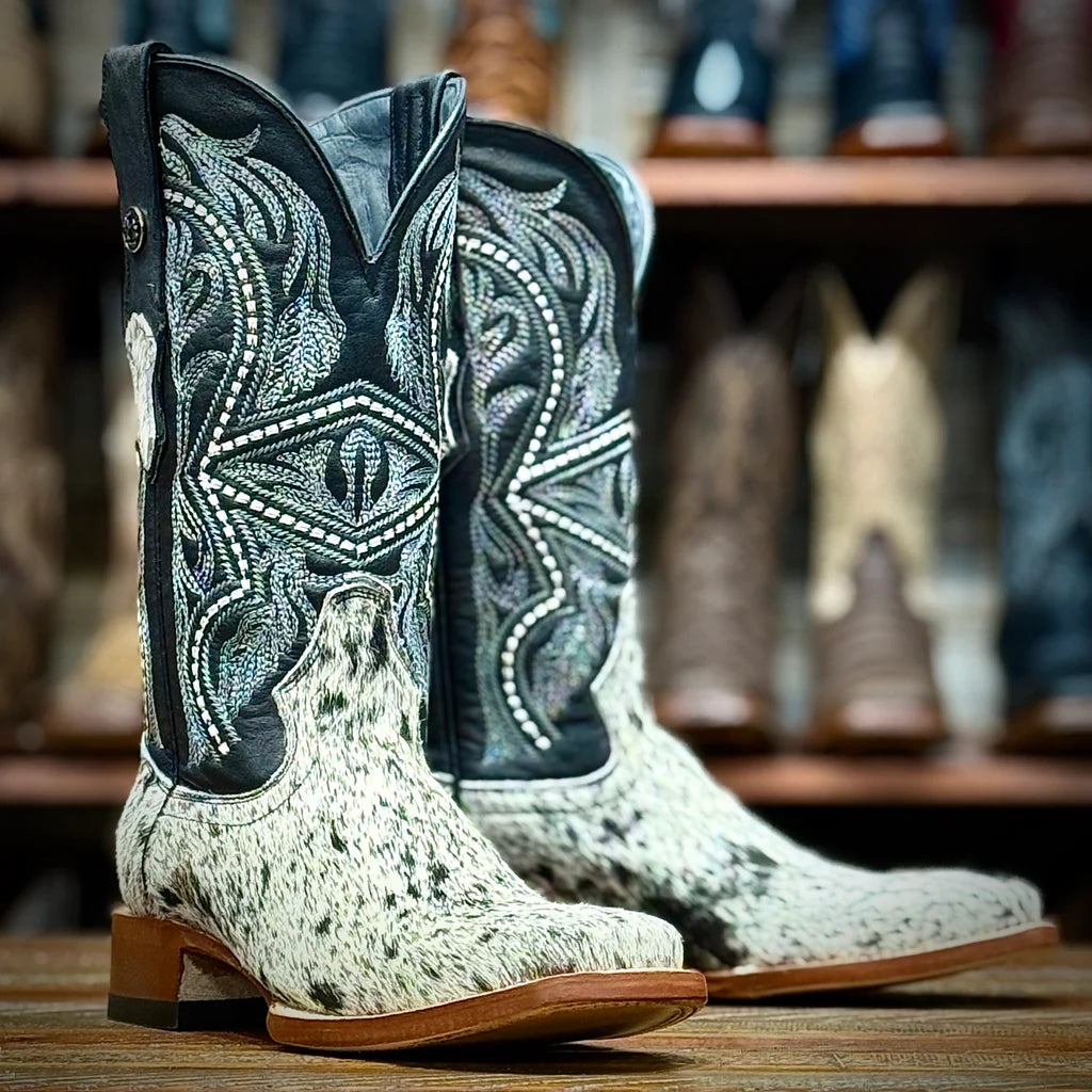 Tanner Mark Black/White Hair On Cowhide Square Toe