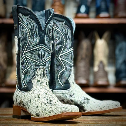 Tanner Mark Black/White Hair On Cowhide Square Toe