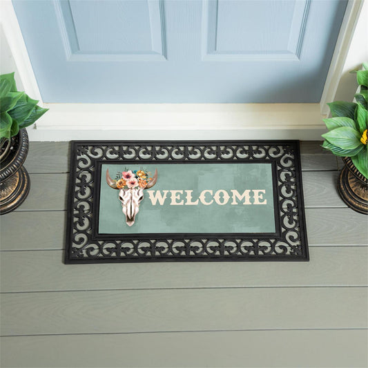 Evergreen Southwest Pueblo Flocked Coir Sass Mat Steer Skull Welcome