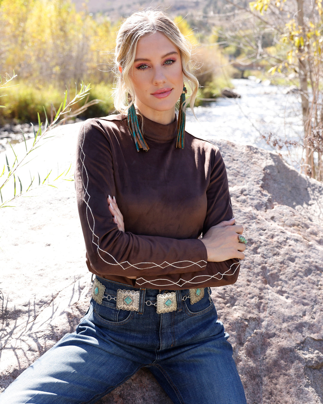 Cruel Girl Ladies Long Sleeve Top with Western Sleeve Embroidery