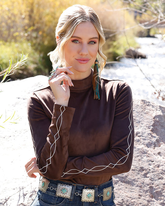 Cruel Girl Ladies Long Sleeve Top with Western Sleeve Embroidery