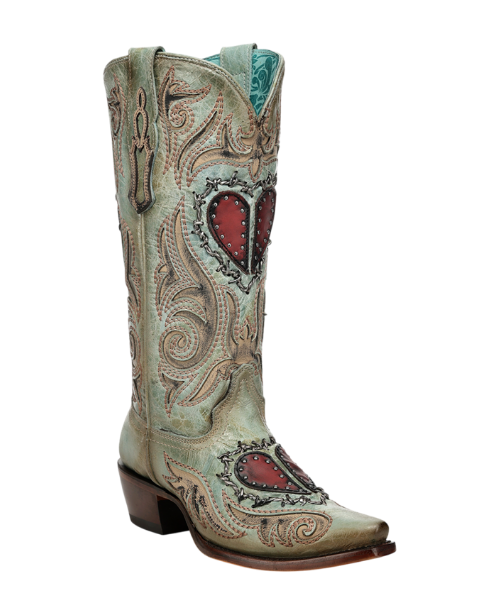 Corral Ladies Turquoise Heart Inlay & Embroidery Snip Toe