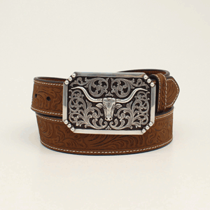 3D Longhorn Buckle Tooled Belt Brown