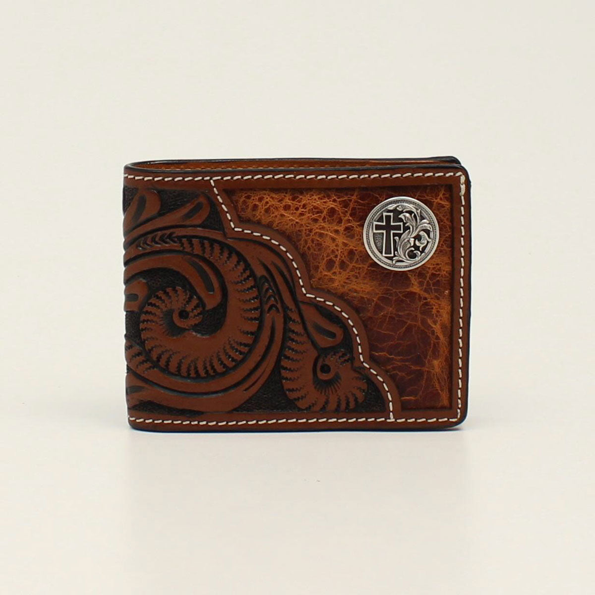 3D Bifold Floral Round Cross Concho Brown
