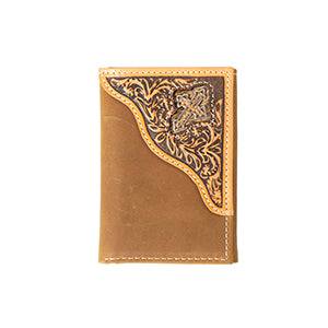 3D Mens Trifold Wallet Cross Concho Floral Embossing Brown