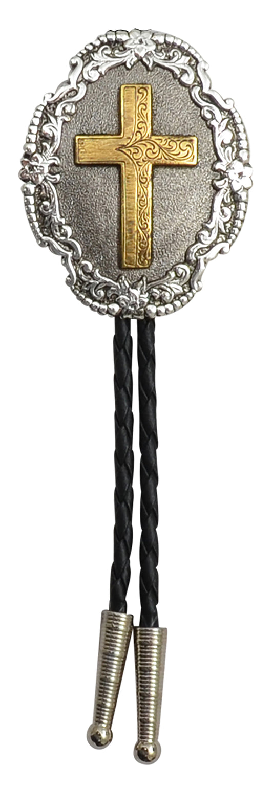 Silver Strike Two-Tone Cross Bolo Tie
