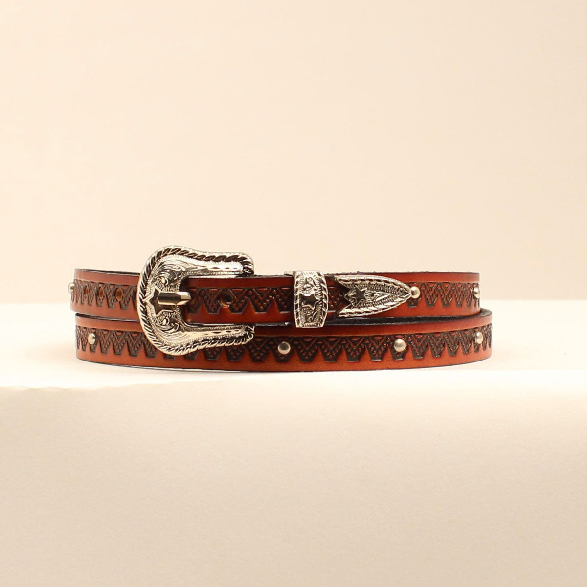 3D Hat Band Natural Tooled Leather w/ Studs