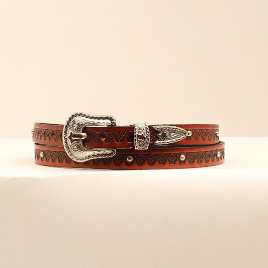 3D Hat Band Natural Tooled Leather w/ Studs