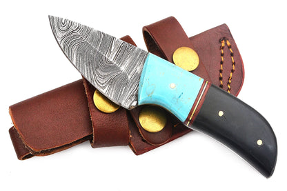 Red Deer Damascus Black/Blue Handle Knife