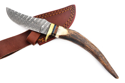 Red Deer Real Stag Handle Damascus Knife