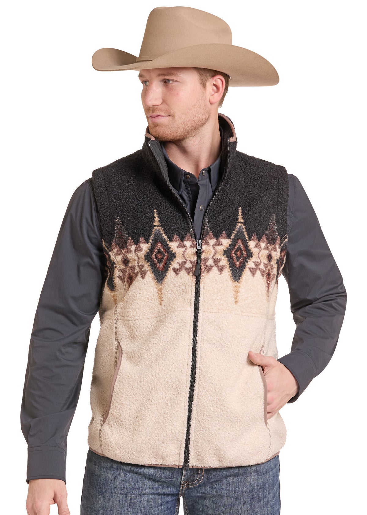 Rock & Roll Printed Berber Border Vest Black/Natural