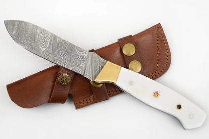 Red Deer Damascus Knife/White Handle