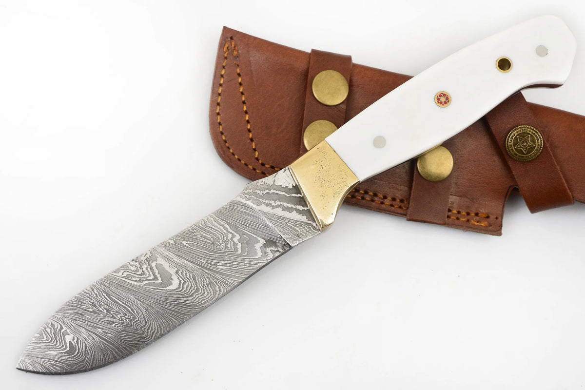 Red Deer Damascus Knife/White Handle