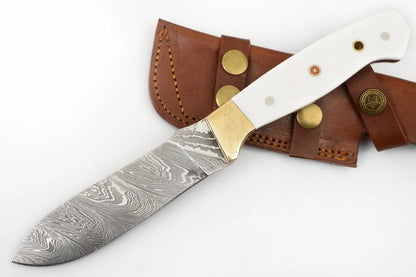 Red Deer Damascus Knife/White Handle