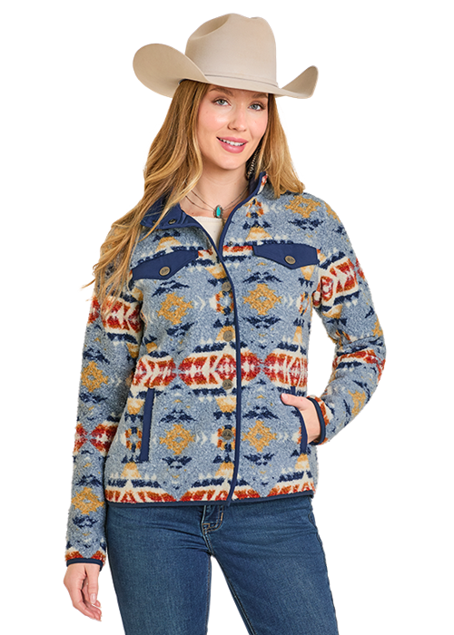 Rock & Roll Aztec Berber Snap Jacket Sky Blue