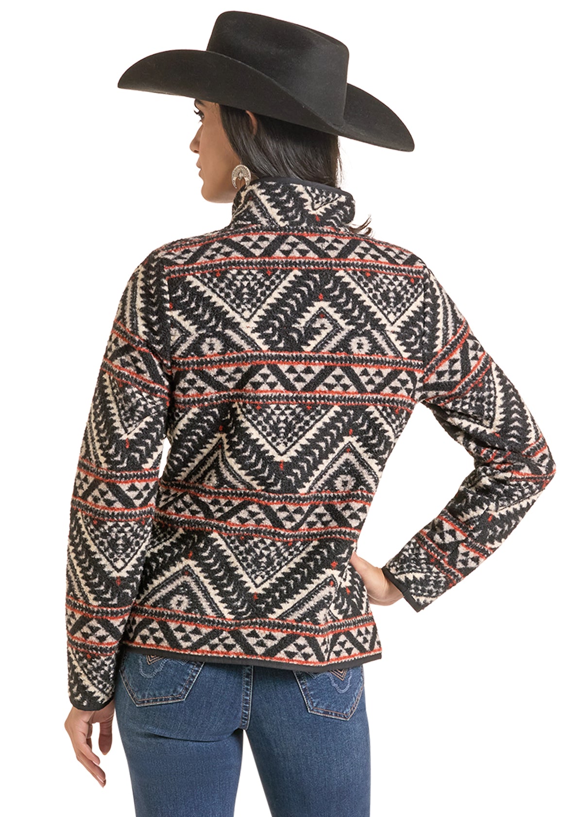 Rock & Roll Ladies Aztec Berber Snap Jacket Black