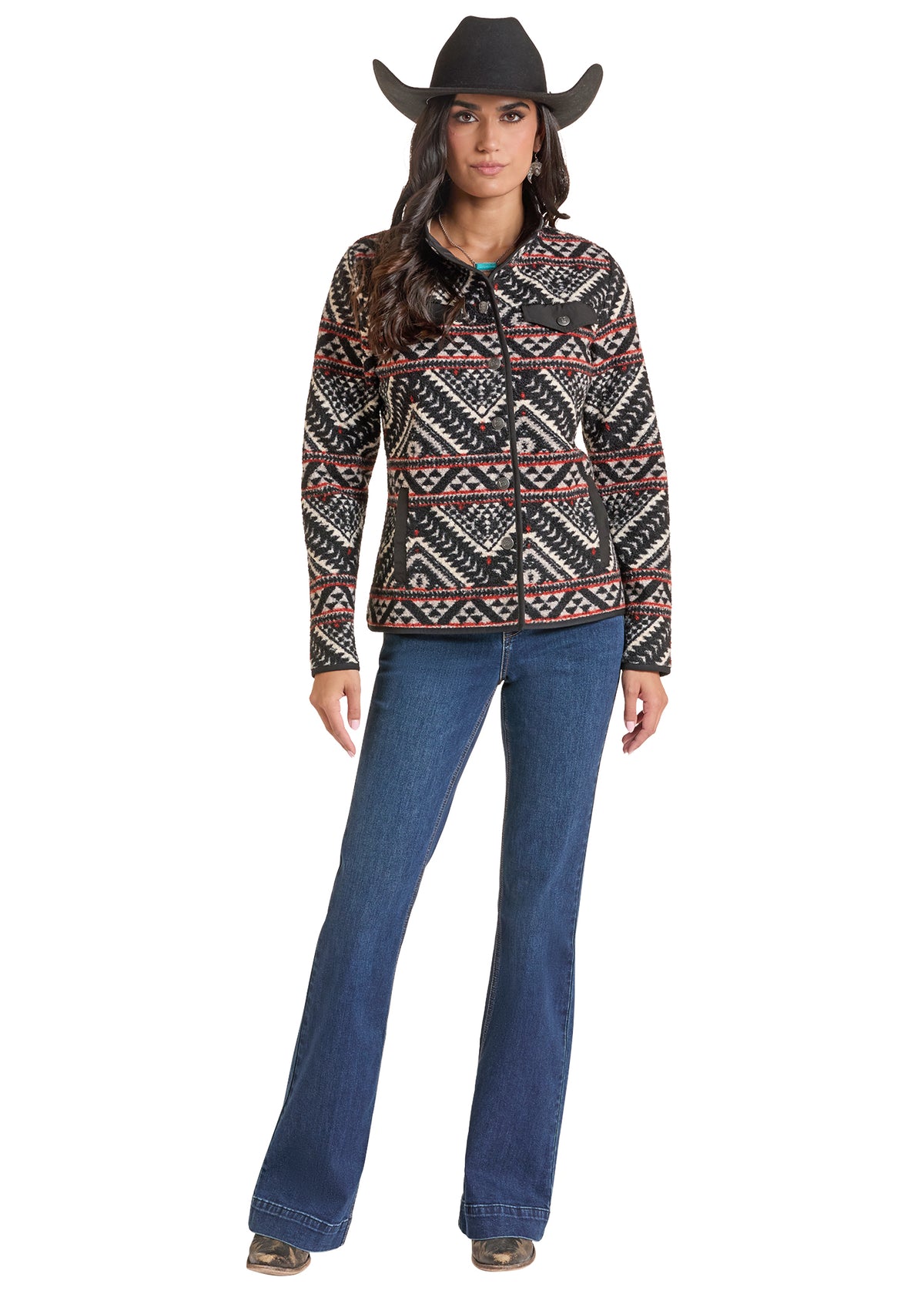 Rock & Roll Ladies Aztec Berber Snap Jacket Black
