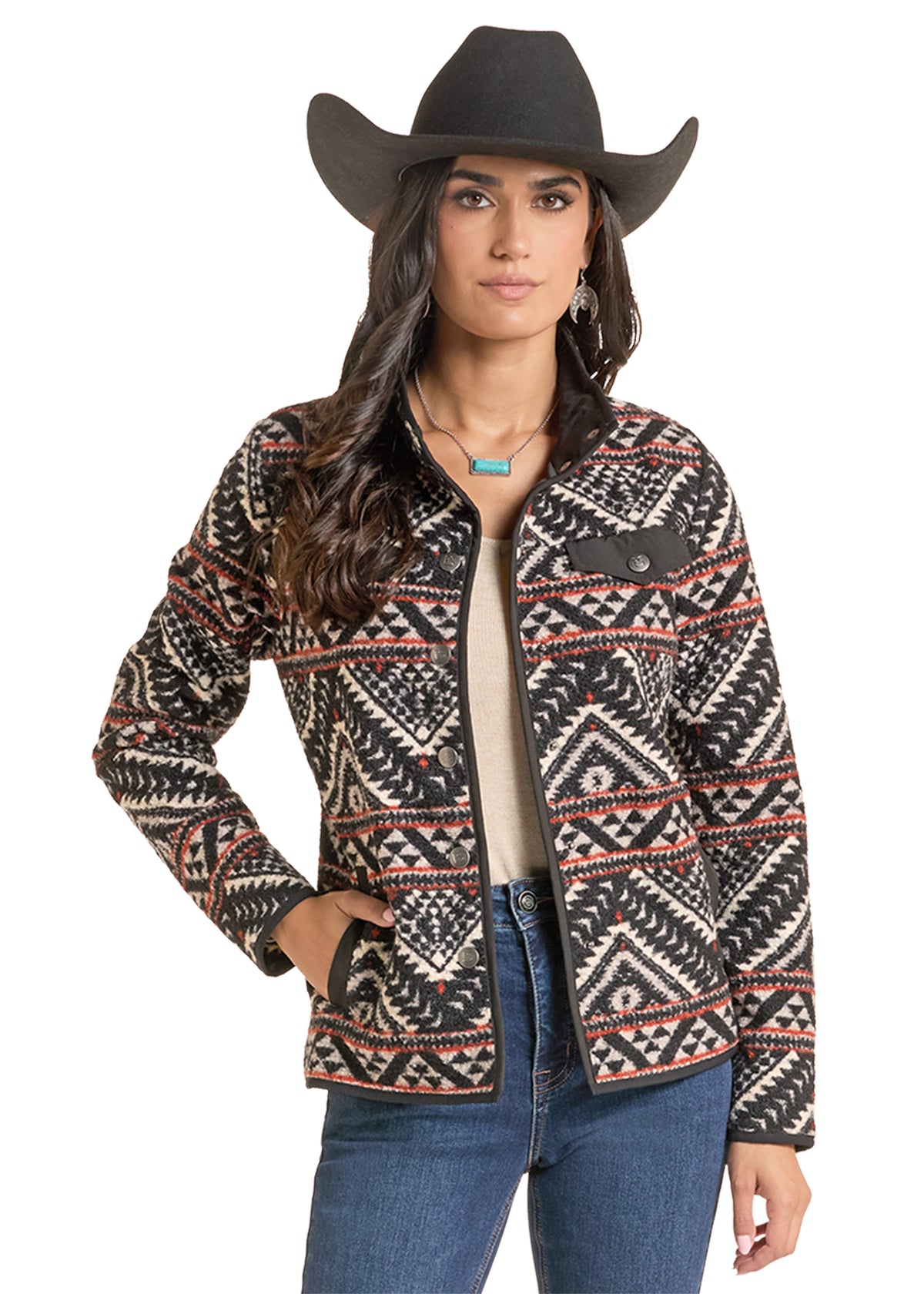 Rock & Roll Ladies Aztec Berber Snap Jacket Black