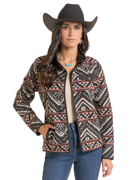 Rock & Roll Ladies Aztec Berber Snap Jacket Black