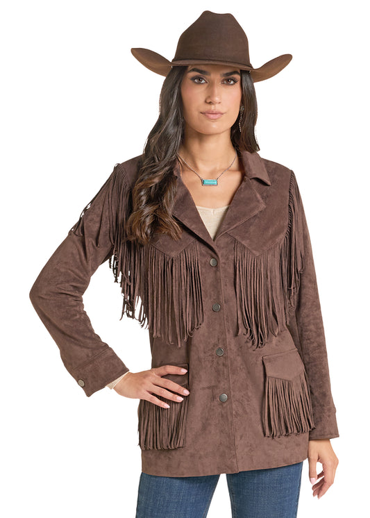 Rock & Roll Ladies Microsuede Fringe Coat Dark Brown