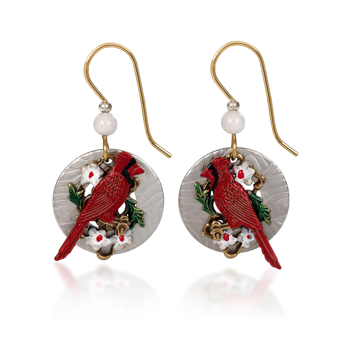 Silver Forest Earring Cardinal with Flowers