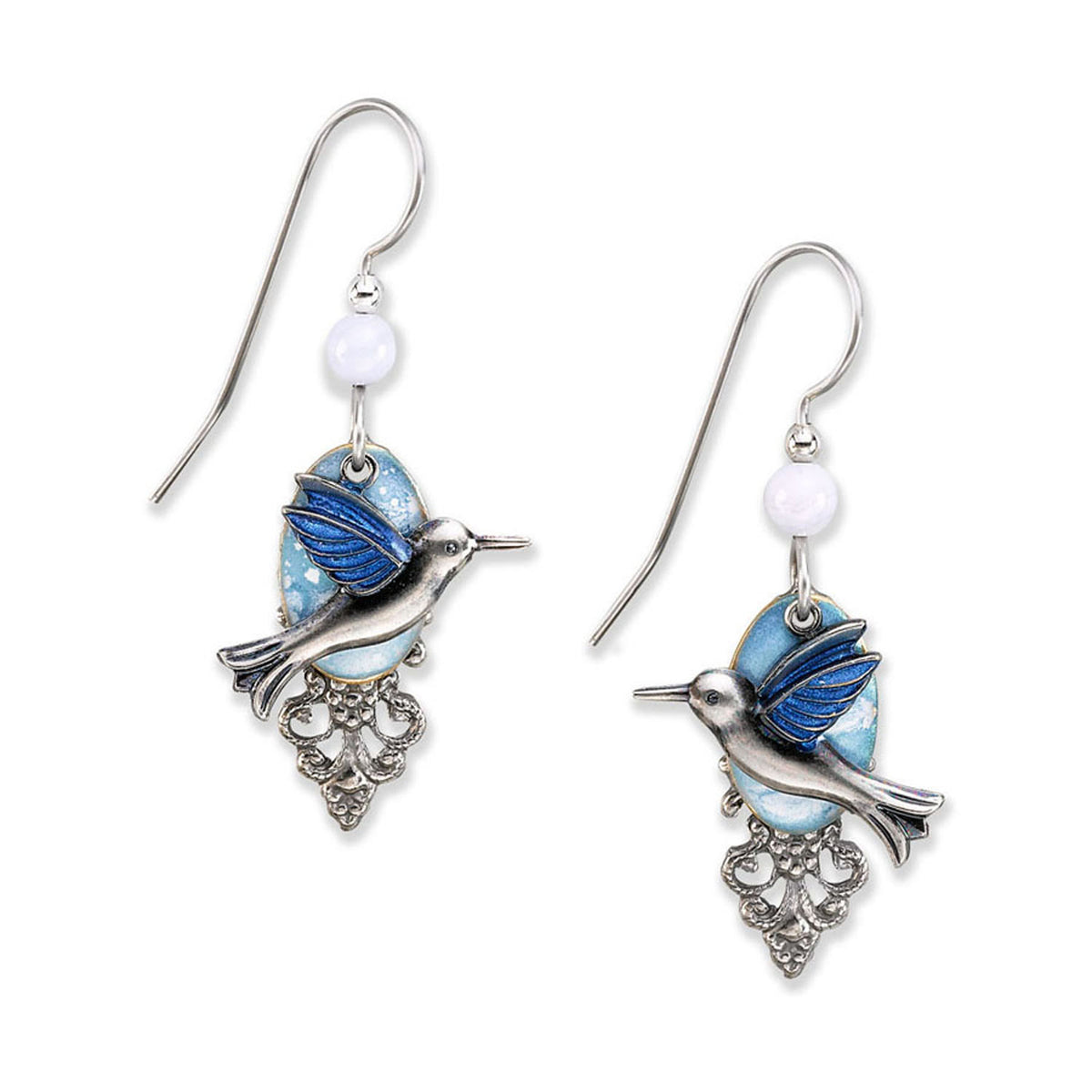 Silver Forest Earring Blue Silver Hummingbird