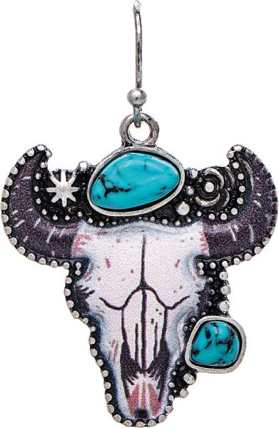 Rain Silver Oxidized Edge Turquoise Gem Bull Oxen Earring