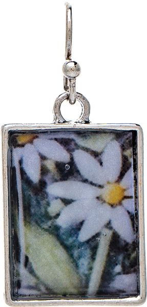Rain Silver White Green Daisy Flower Image Earring