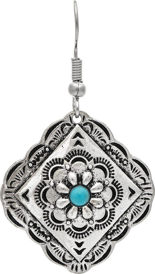 Rain Silver Etched Square Turquoise Stone Center Earring