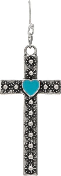 Rain Silver Oxidized Blossoms Blue Heart Cross Earring