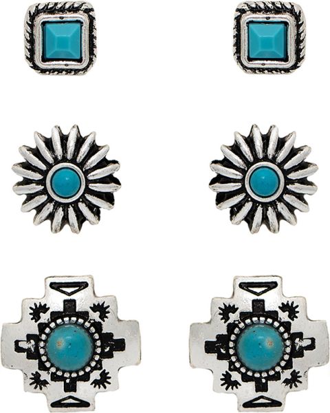 Rain Silver Faux Turq Blue Western Themed Post Earring Trio