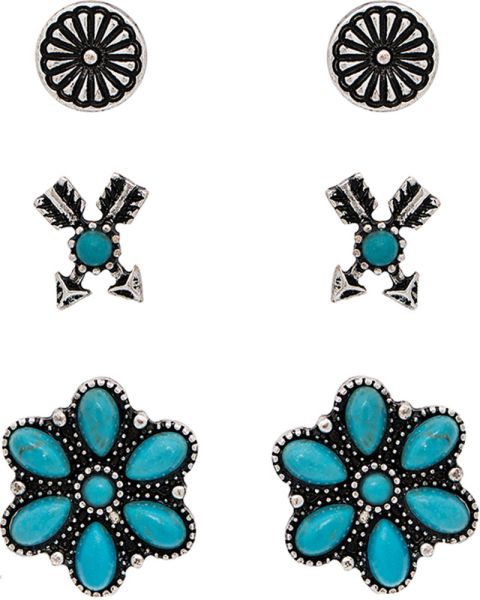Rain Silver Faux Turq Blue Arrow Flower Western Themed Post Earring Trio