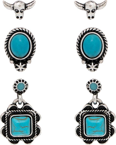 Rain Silver Faux Turq Blue Gems Cow Skull Western Themed Post Earring Trio