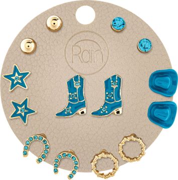 Rain Gold Blue Western Theme Boot Horseshoe Seven Post Earring Set