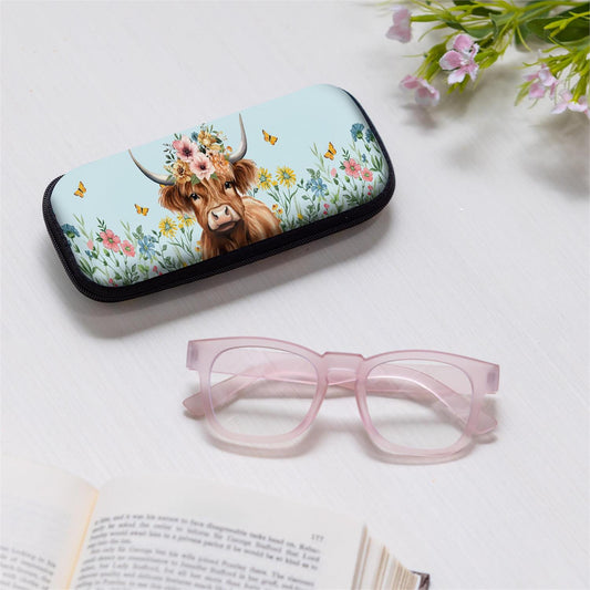 Evergreen Petal & Plow Reading Glasses, Highland Cow Case