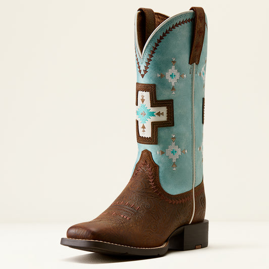 Ariat Ladies Round Up Cantina Wide Square Toe Western Boot Chestnut Southwest Emboss