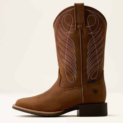 Ariat Ladies Round Up Waterproof Wide Square Toe Western Boot Reliable Brown