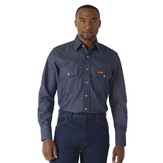 Wrangler FR Flame Resistant Long Sleeve Twill Work Shirt Indigo